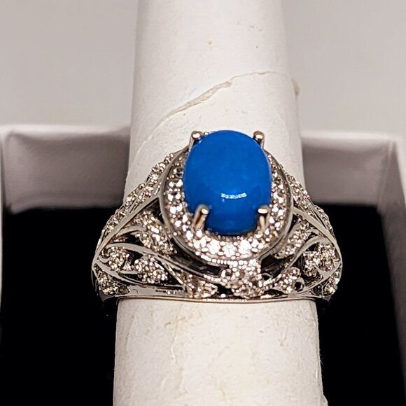 Ceruleite & Natural White Zircon halo ring in Rhodium over 925 SS 2.40ct size 6 - Picture 4 of 6